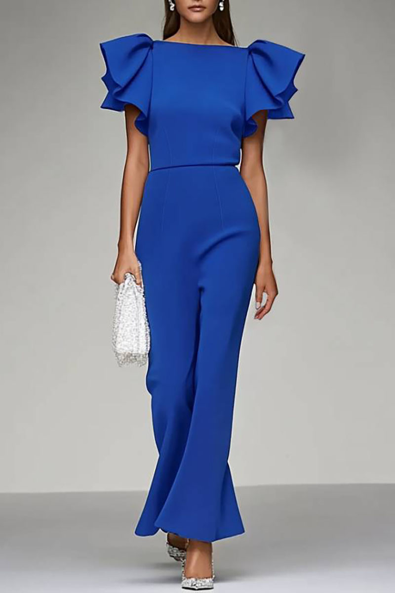Evening Party Jumpsuit Dark Blue Puff Sleeve Flare Long Pants