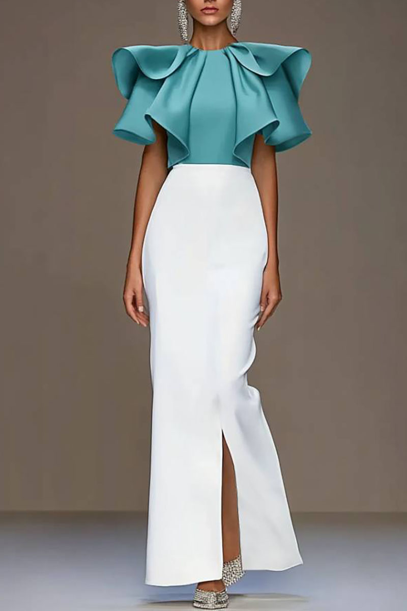 Cocktail Party Color-block Dress Green White Ruffle Slit Maxi Dress
