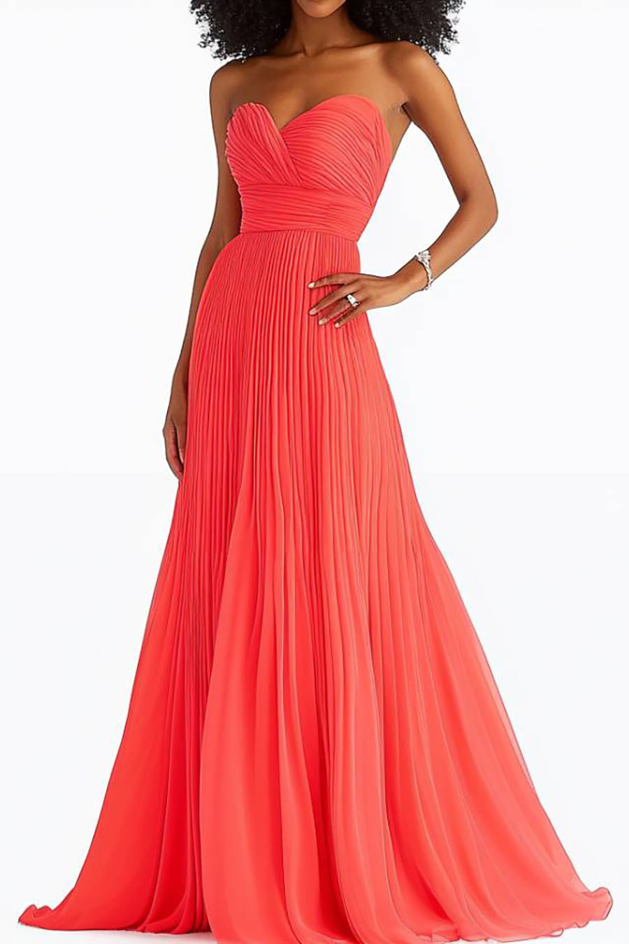 Formal Evening Strapless Dress Pleated Orange Floor-Length Dress