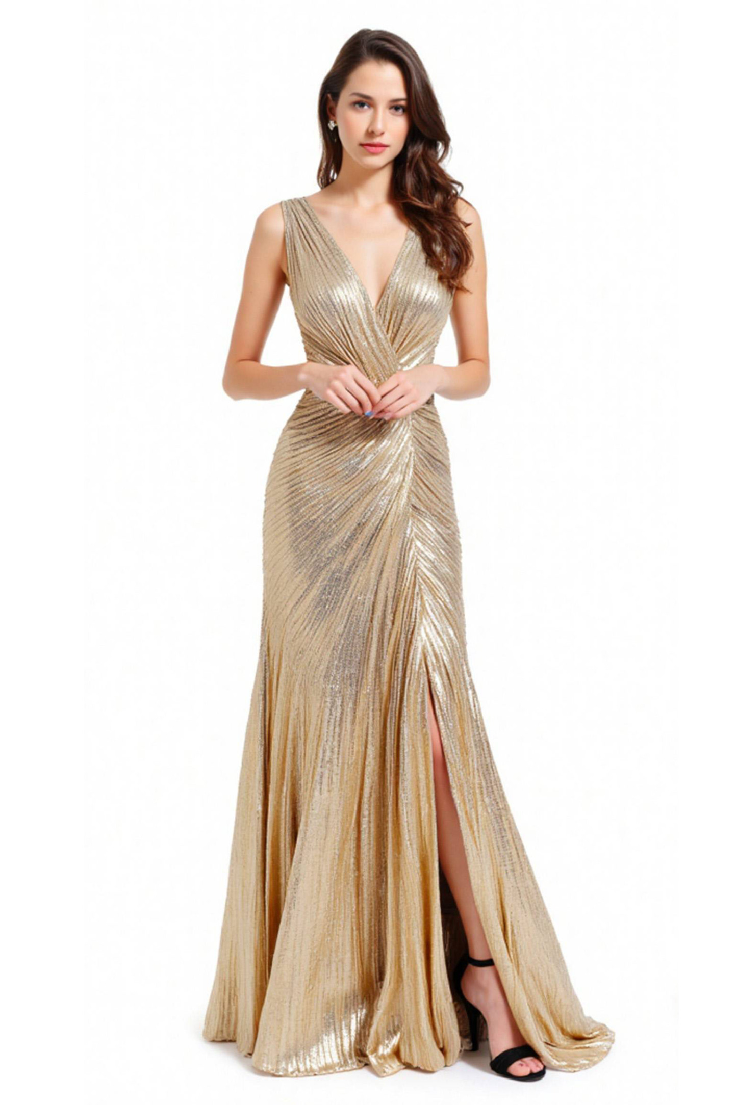 Formal Evening Gold Dress Pleated Sleeveless Metallic V-Neck Slit Floor-Length Dress