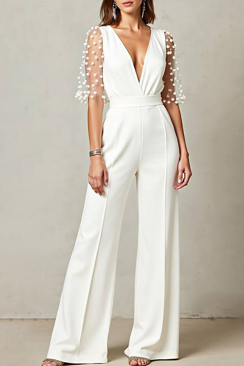 Cocktail Party Jumpsuit White Deep V Sheer Short Sleeve Pearl Wide-Leg Pants