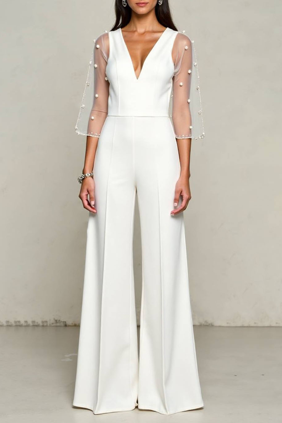 Cocktail Party Jumpsuit White Deep V Sheer Half Sleeve Pearl Wide-Leg Pants