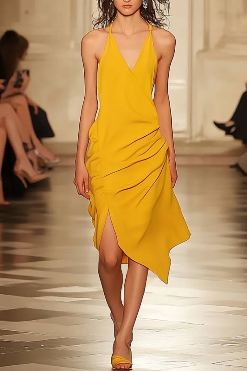 Cocktail Party Spaghetti Strap Dress Yellow V-Neck Slit Asymmetrical Midi Dress