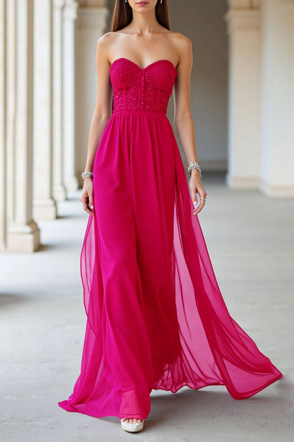 Evening Strapless Dress Rose Red Chiffon Floor-Length Dress