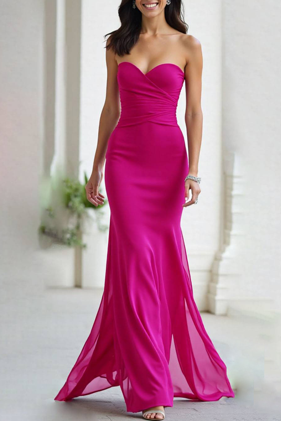 Elegant Evening Strapless Dress Fuchsia Mermaid Chiffon Floor-Length Dress