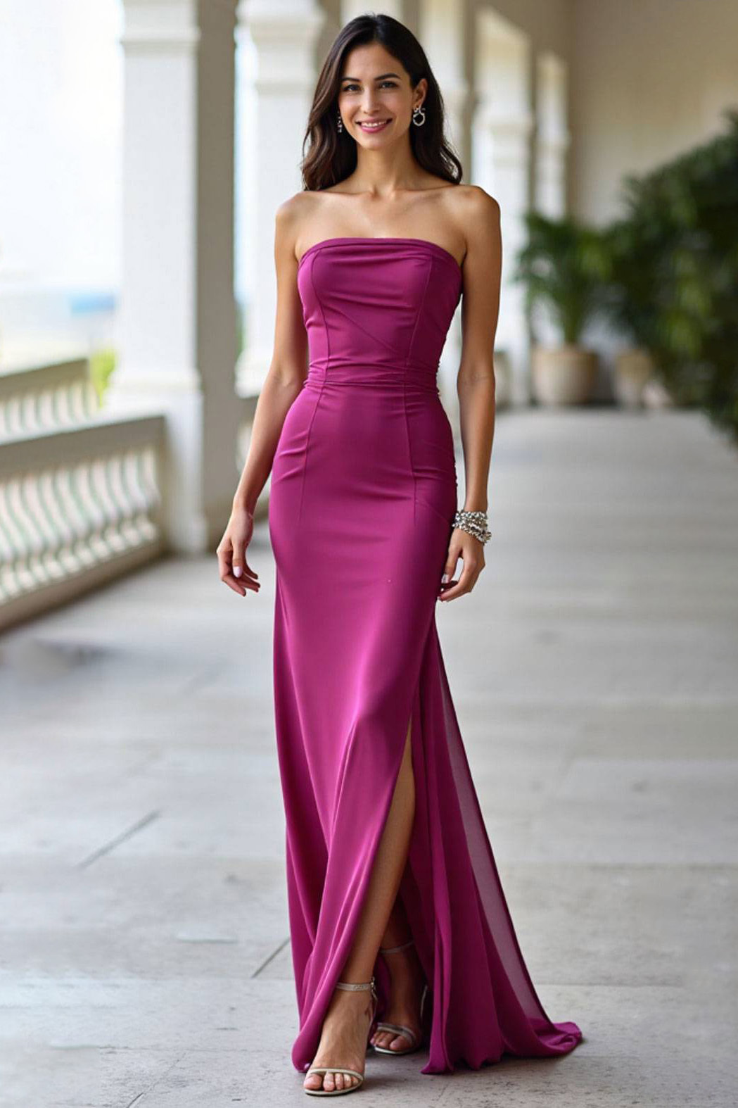 Elegant Formal Strapless Dress Purple Side Slit Chiffon Floor-Length Gown