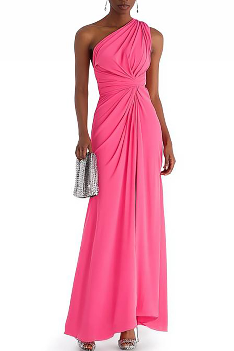 Semi-Formal Party Dress Pink One Shoulder Ruched Maxi Dress