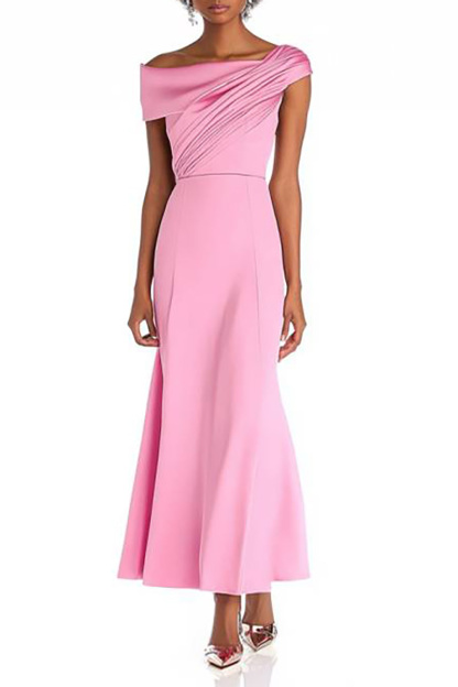Semi-Formal Cocktail Dress Pink Asymmetrical Sleeve Ruched Maxi Dress
