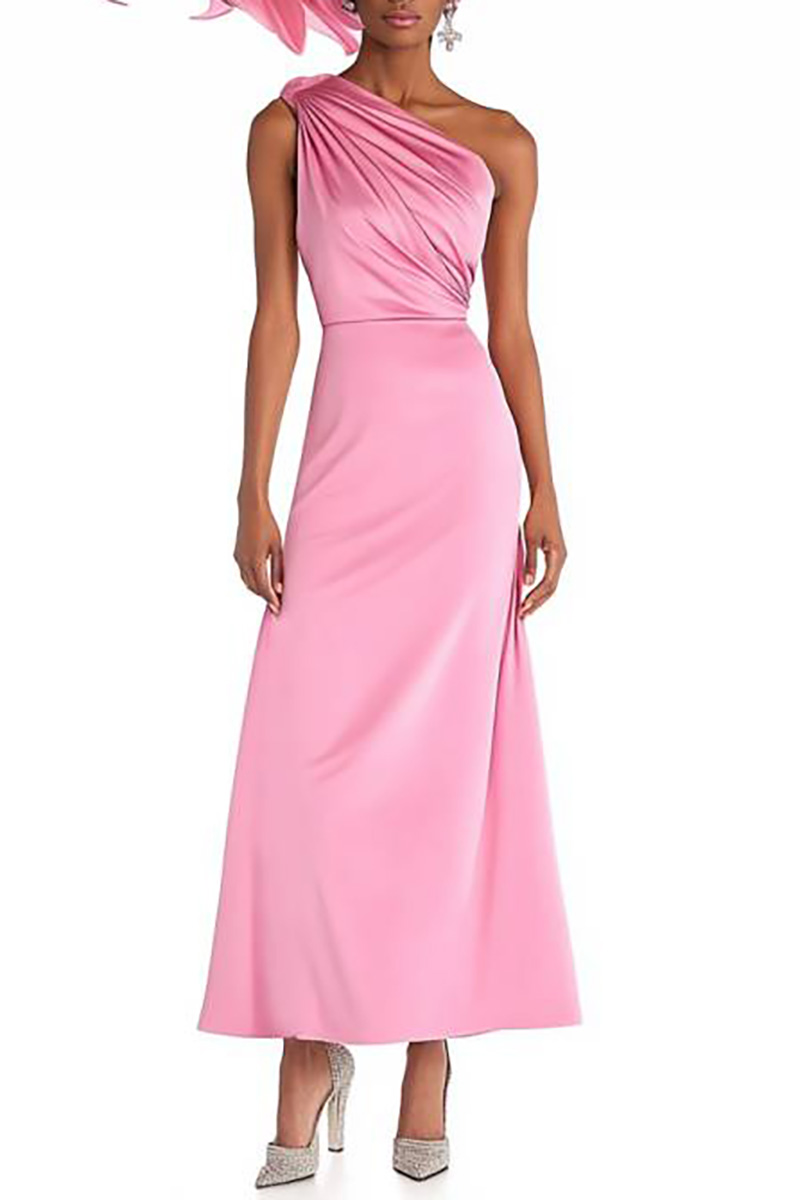 Cocktail Party Satin Dress Pink One Shoulder Ruched Maxi Dress