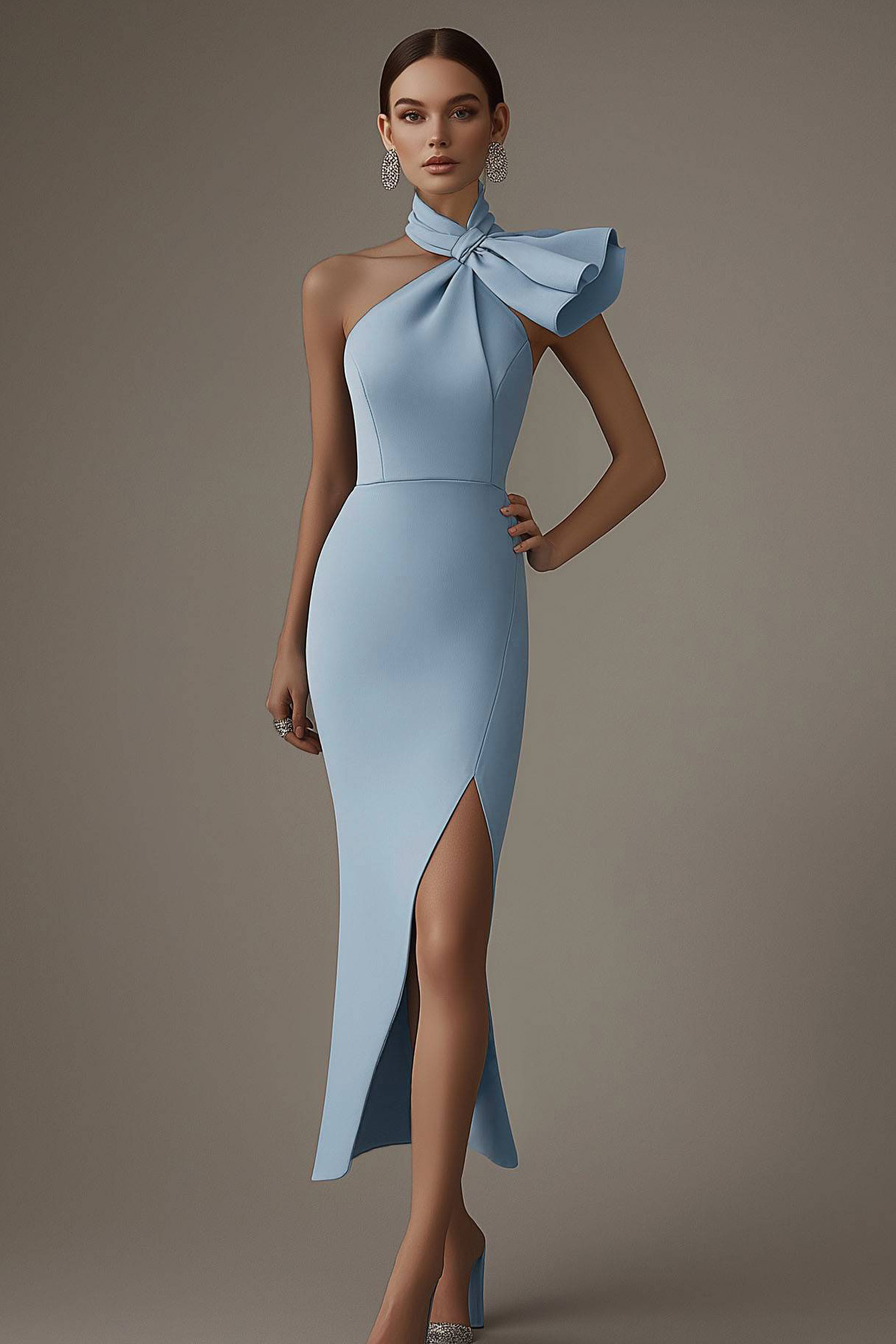 Semi-Formal Party Dress Light Blue Halter Tie Neck Side Slit Maxi Dress