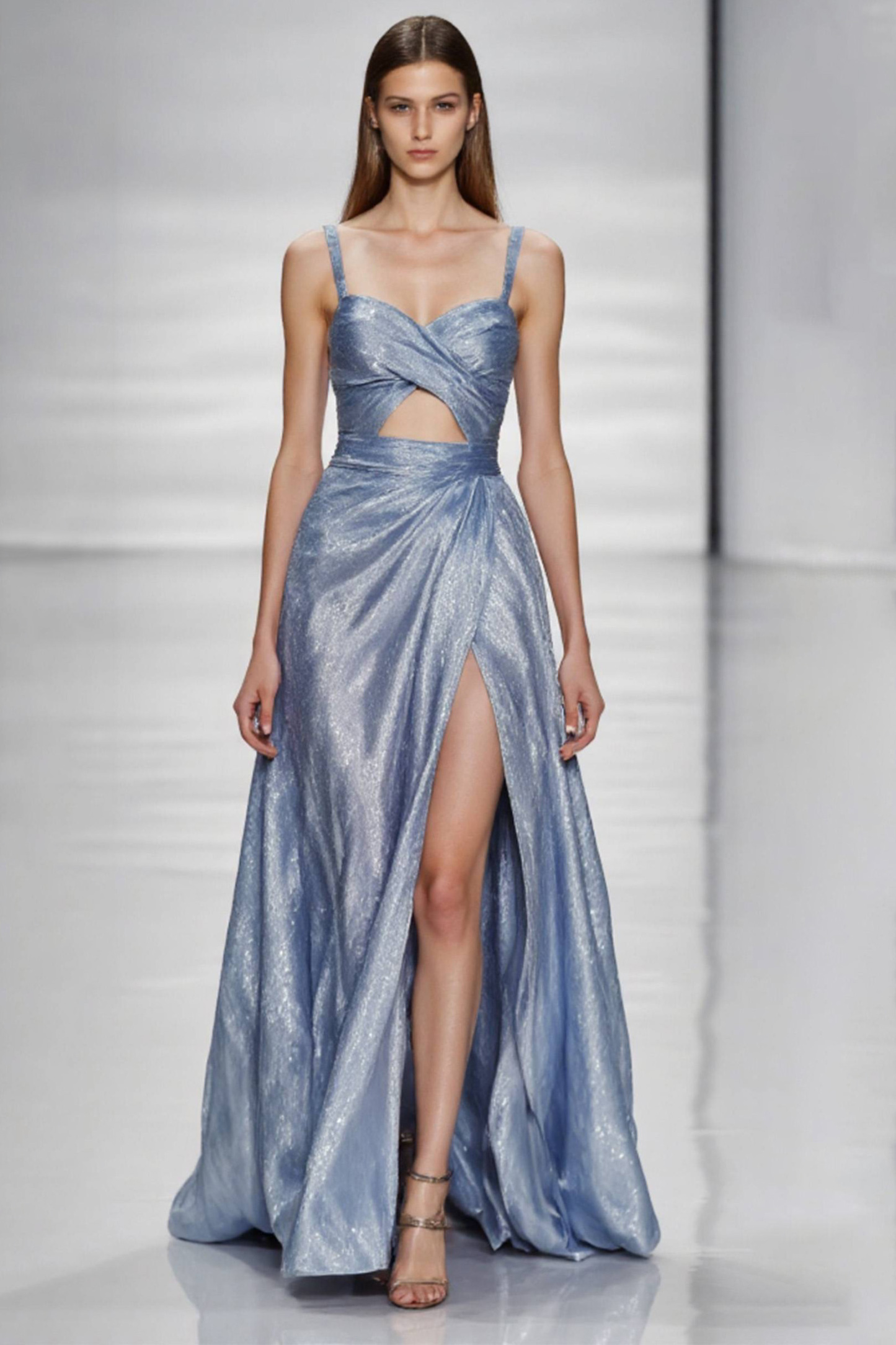 Graduation Party Spaghetti Strap Dress Blue Glossy High Slit Floor-Length Dress