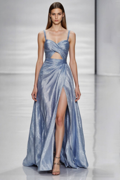 Graduation Party Spaghetti Strap Dress Blue Glossy High Slit Floor-Length Dress