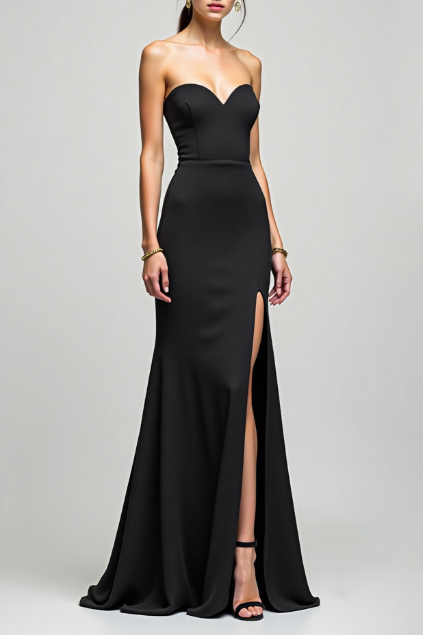 Formal Strapless Dress Black High Slit Minimalist Fitted Floor-Length Dress