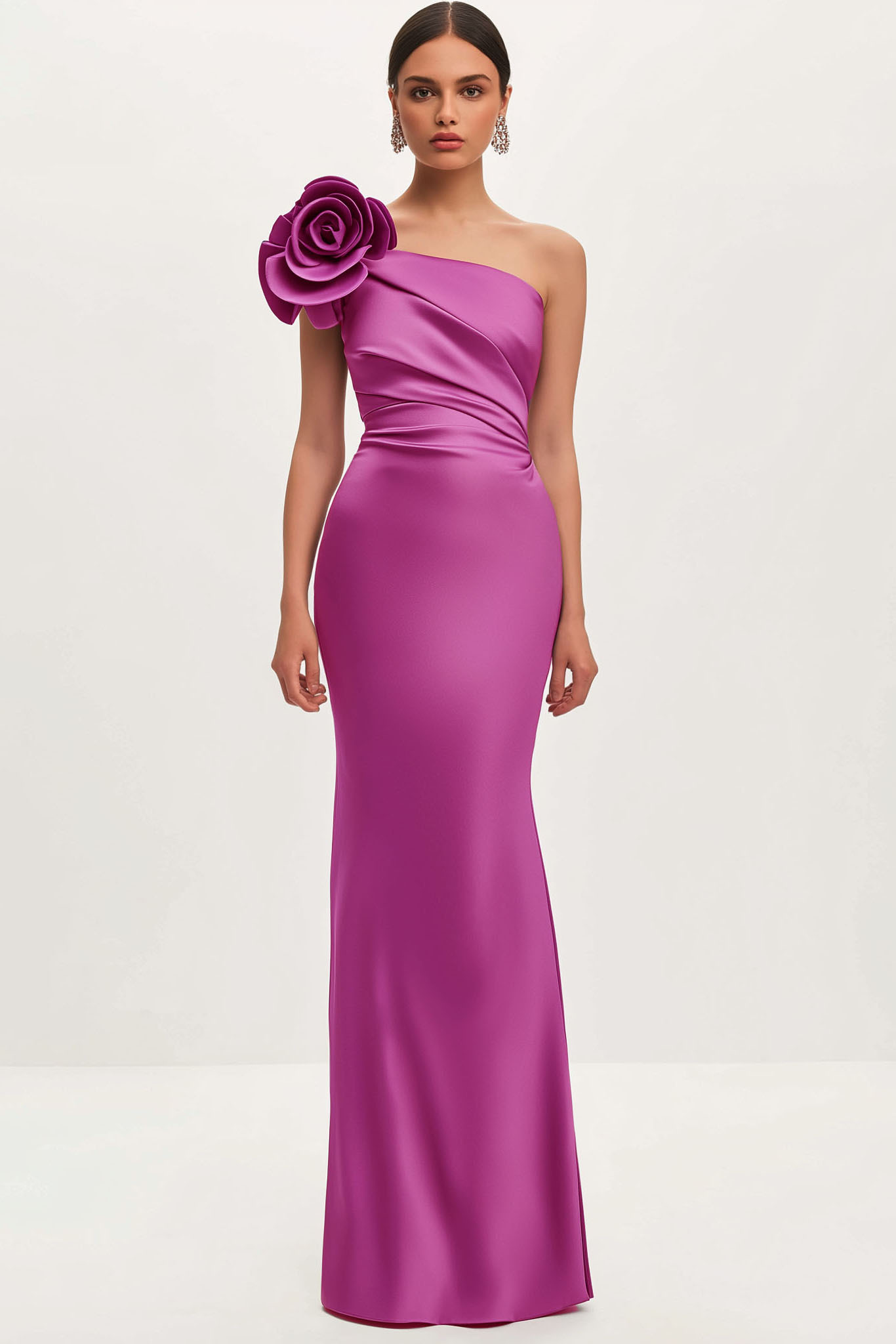 Formal Evening Satin Dress Purple One Shoulder 3D Floral Floor-Length Dress