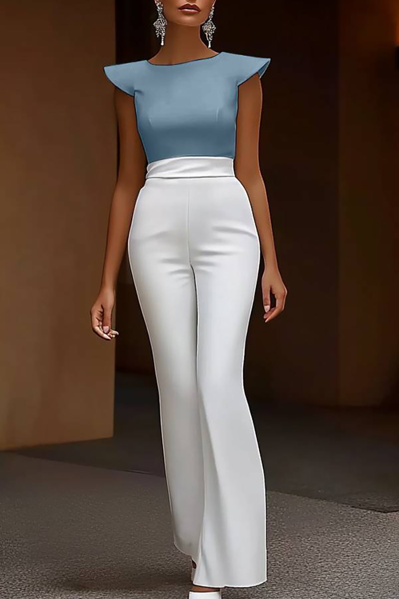Semi-Formal Work Jumpsuit Blue and White Color-block Round Neck Flared