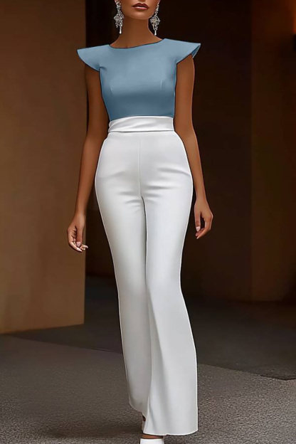 Semi-Formal Work Jumpsuit Blue and White Color-block Round Neck Flared Pants