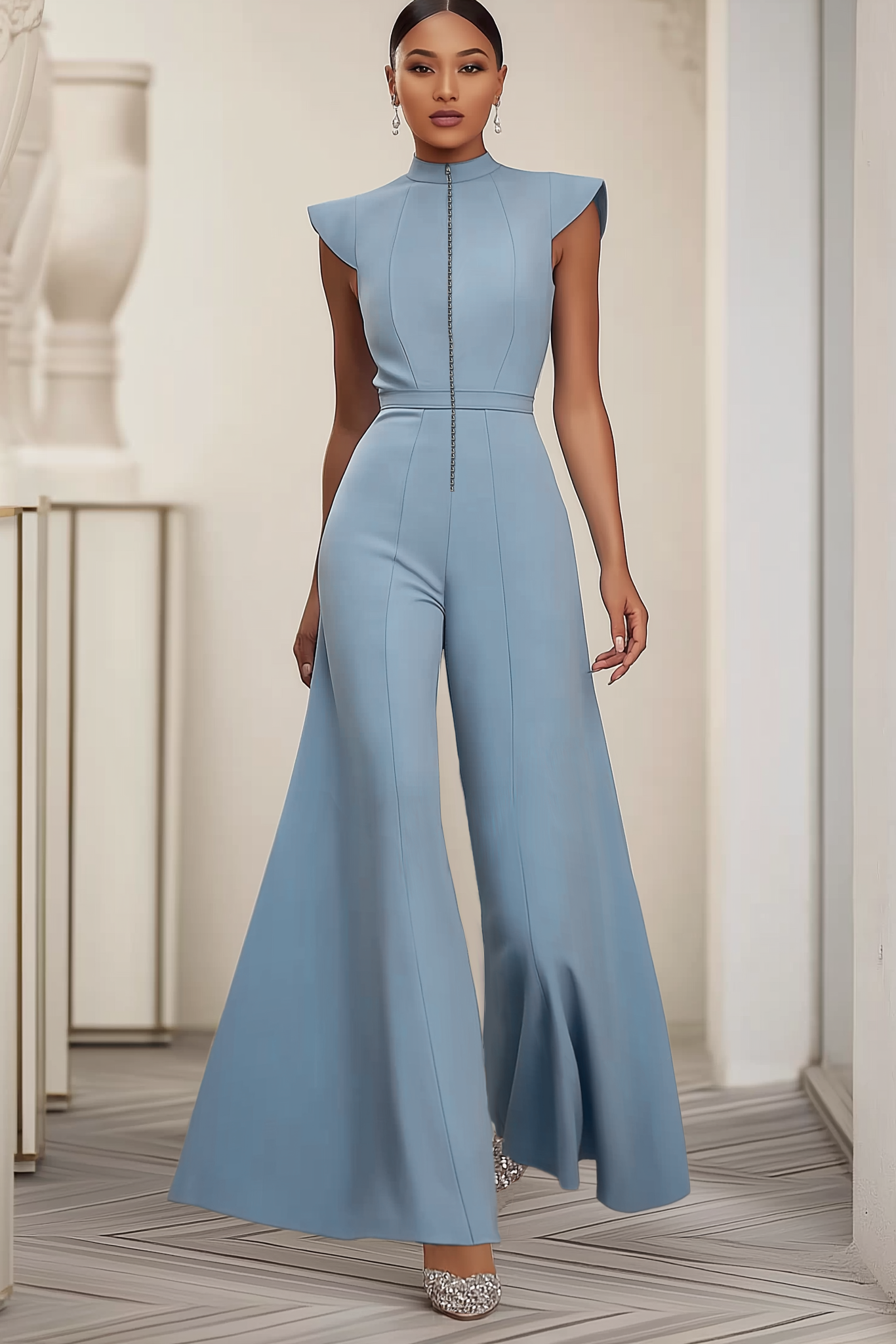 Semi-Formal Party Jumpsuit Blue Small Stand Collar Zipper Flared Pants