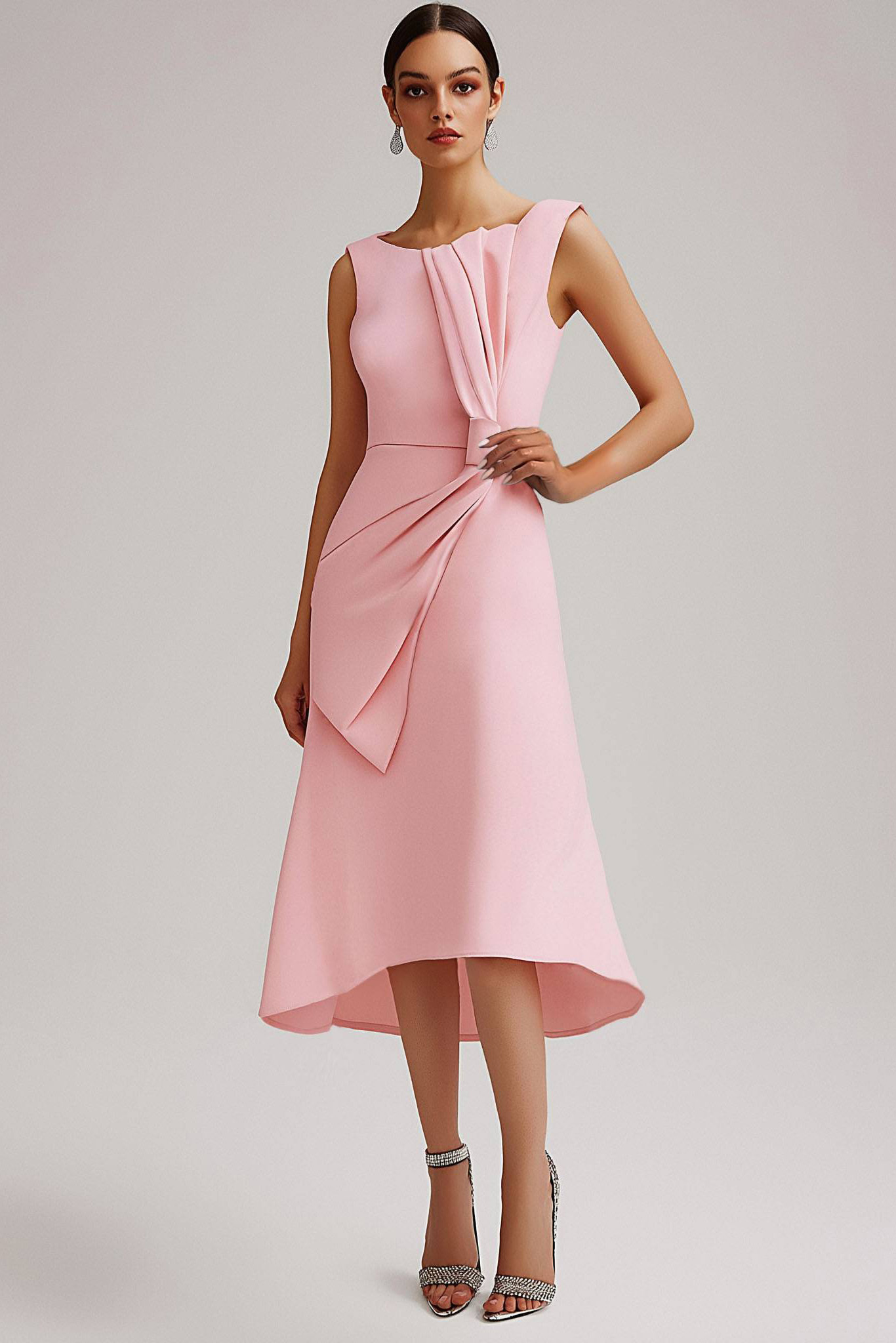 Wedding Guest Pink Dress Round Neck Sleeveless Bow Midi Dress