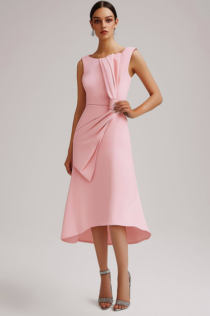 Wedding Guest Pink Dress Round Neck Sleeveless Bow Midi Dress