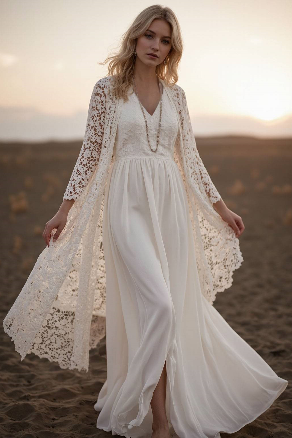 Vacation Lace Dress Set Long Sleeve Cardigan V-Neck Floor-Length Dress Set