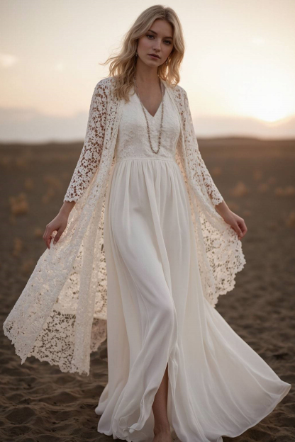 Vacation Lace Dress Set Long Sleeve Cardigan V-Neck Floor-Length Dress Set