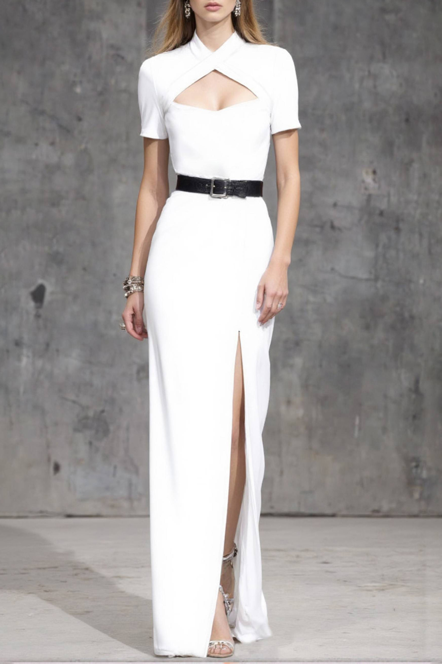 Cocktail Party Dress White Small Stand Collar Slit Floor-Length Dress