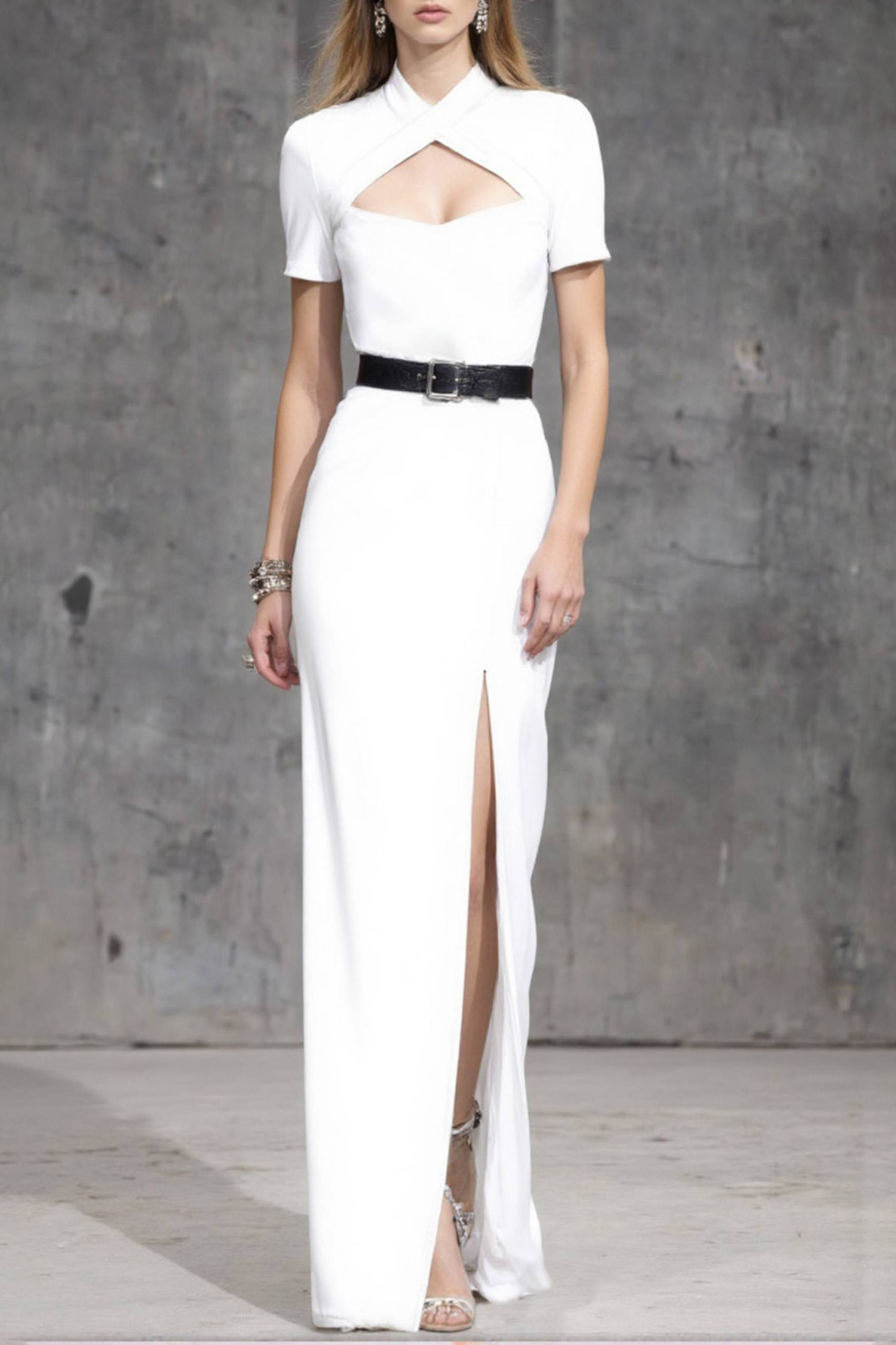 Cocktail Party Dress White Small Stand Collar Slit Floor-Length Dress