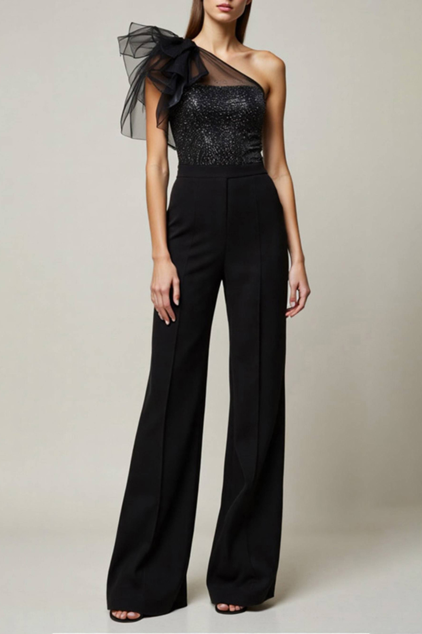 Cocktail Party Jumpsuit Black Mesh One-Shoulder Straight-Leg Pants
