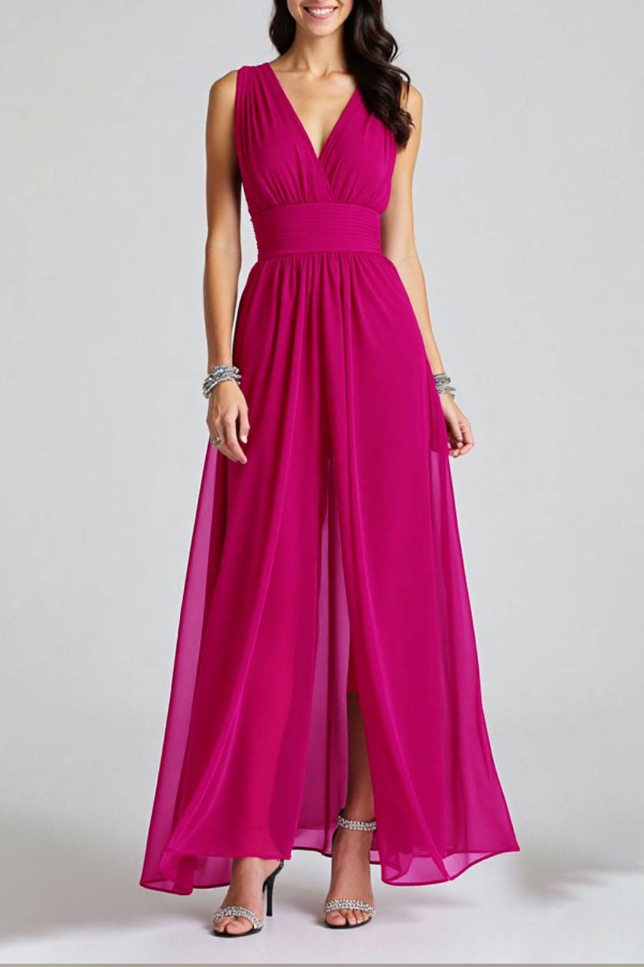 Party Dress Fuchsia Sleeveless V-Neck Front Slit Chiffon Maxi Dress