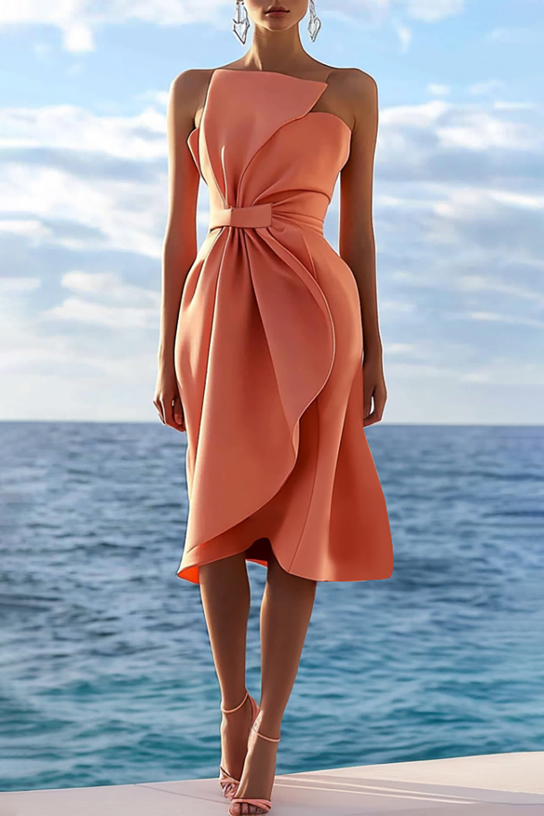 Cocktail Party Strapless Dress Orange Bow Pleated Knee-Length Dress