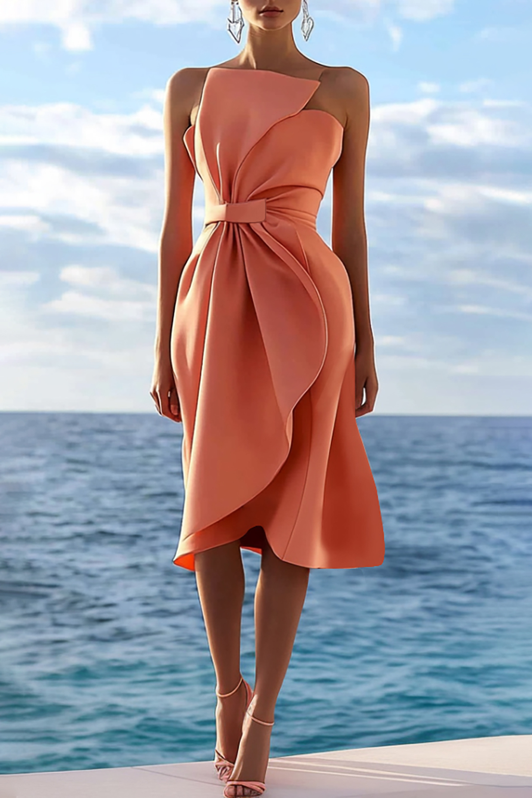 Cocktail Party Strapless Dress Orange Bow Pleated Knee-Length Dress