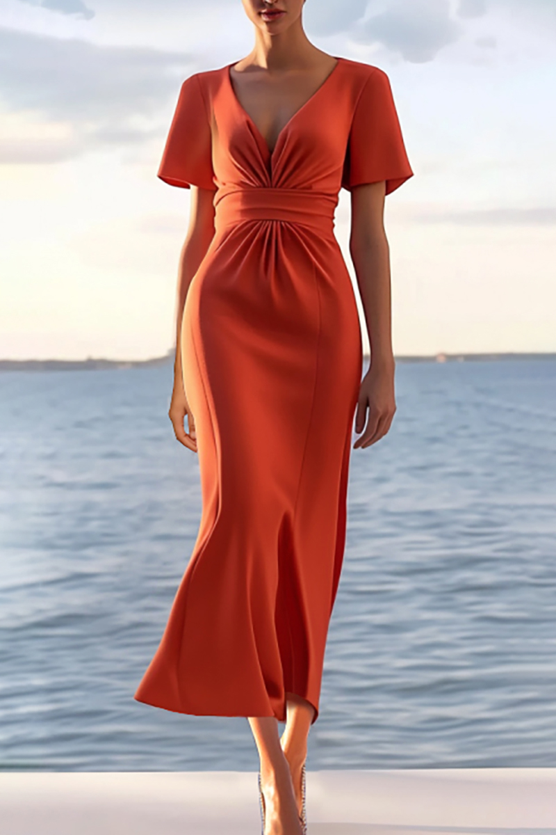 Semi-Formal Party Dress Orange Deep V Midi Dress
