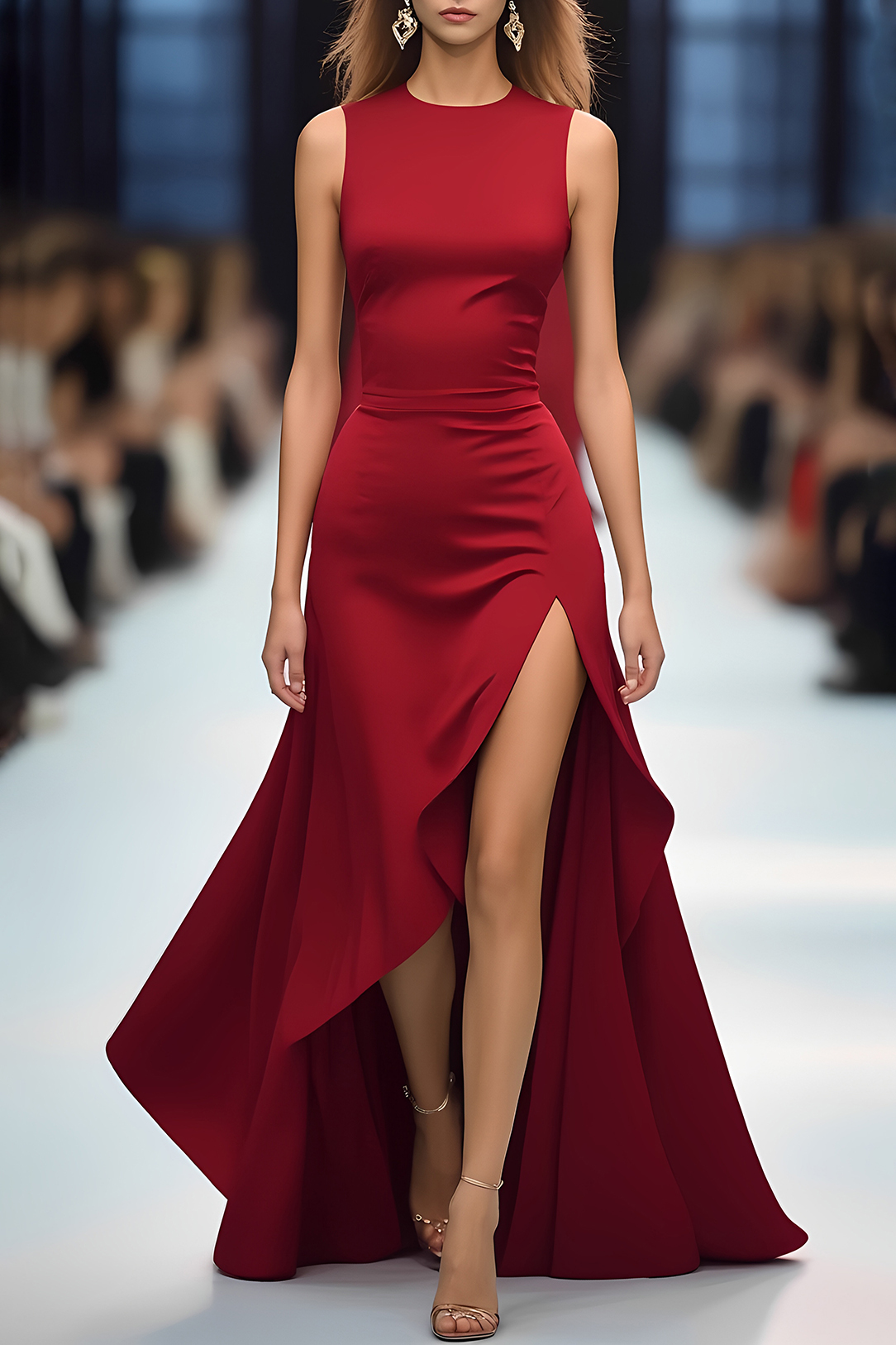 Semi-Formal Party Red Dress Round Neck Sleeveless Slit Gown