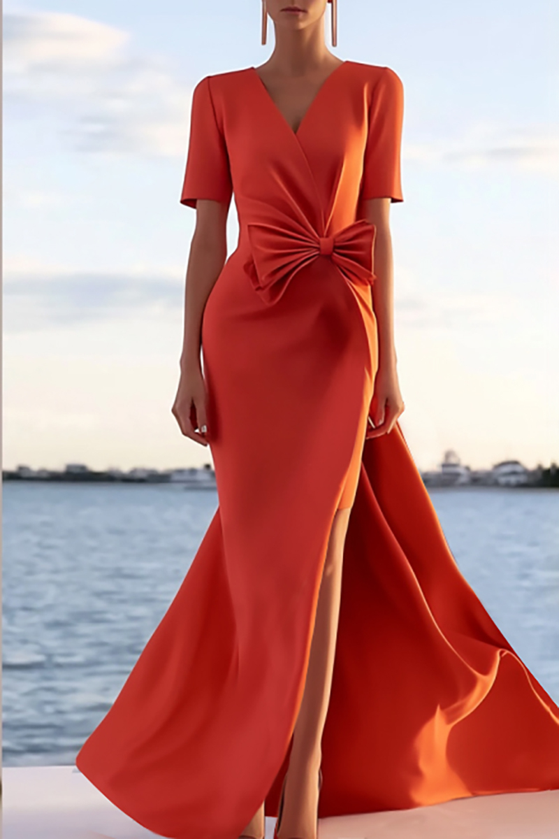 Formal Evening Dress Orange V-Neck Waist Bow Slit Floor-Length Dress