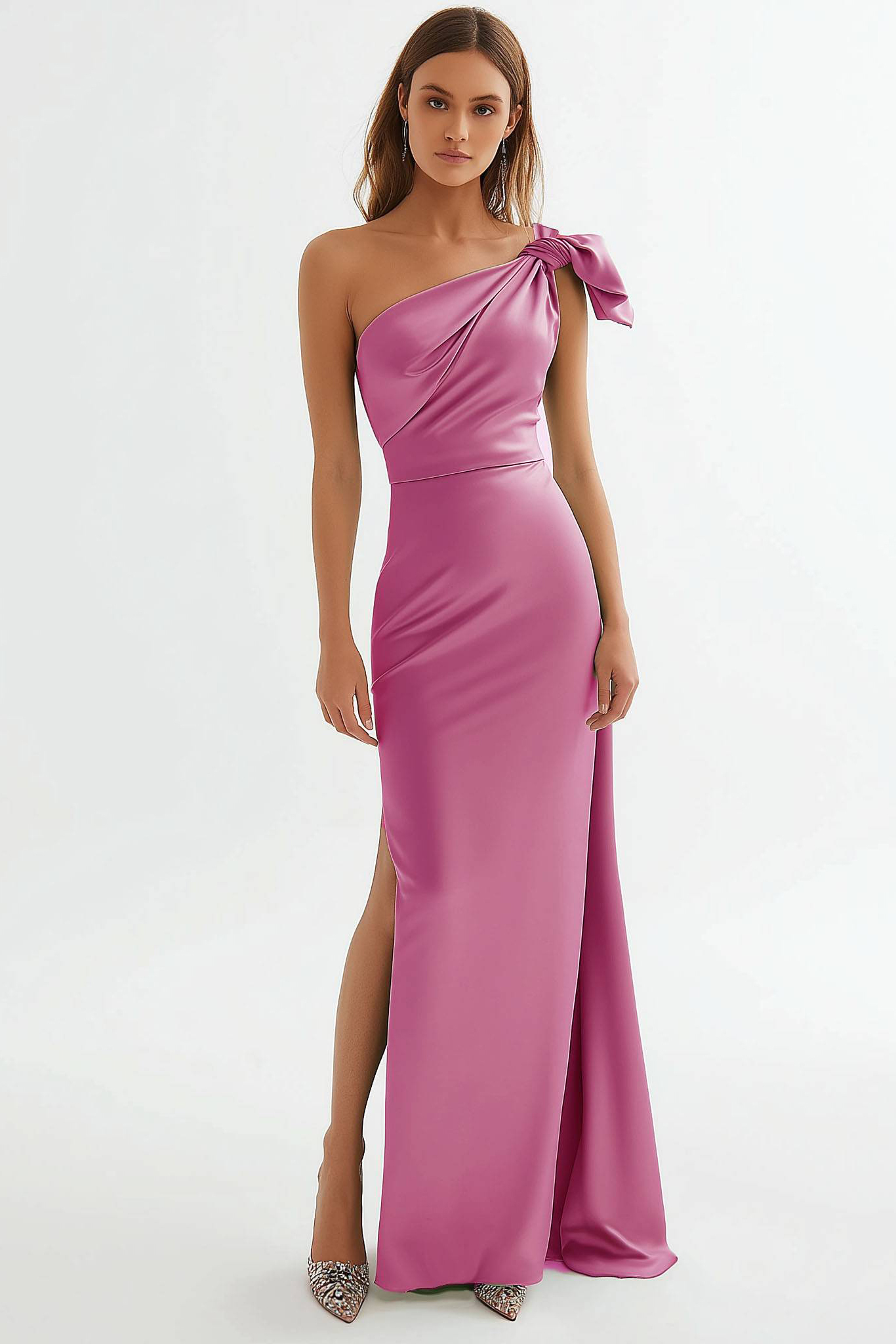 Wedding Guest Party Dress Purple One-Shoulder Knot Side Slit Floor-Length Gown