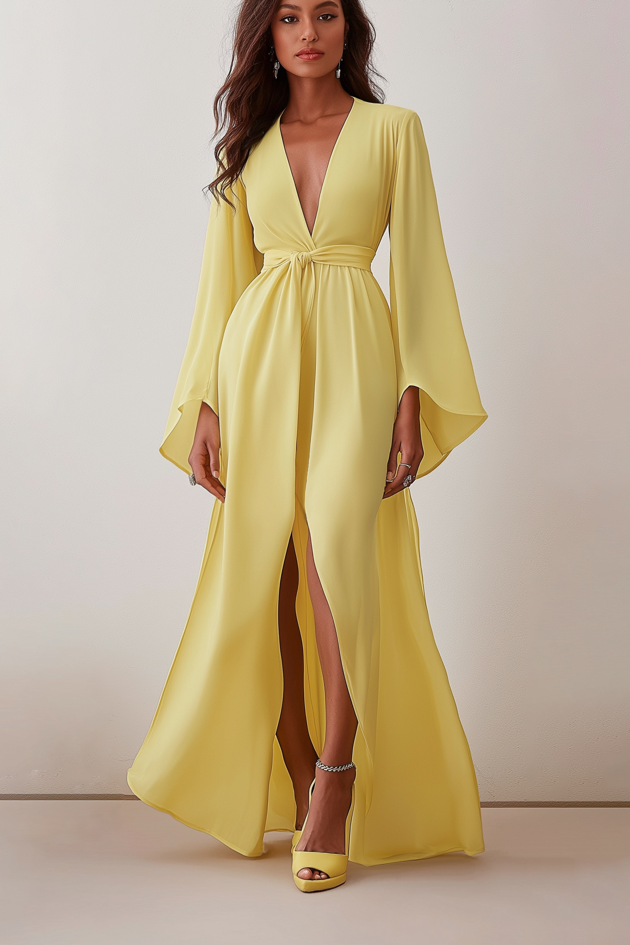 Party Yellow Dress Deep V Tie Waist Bell Sleeve Loose Floor-Length Dress