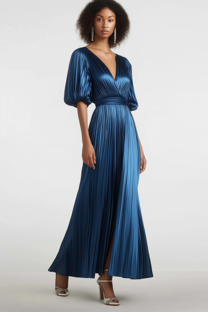Party Dress Blue Deep V Bubble Sleeve Metallic Fabric Maxi Dress