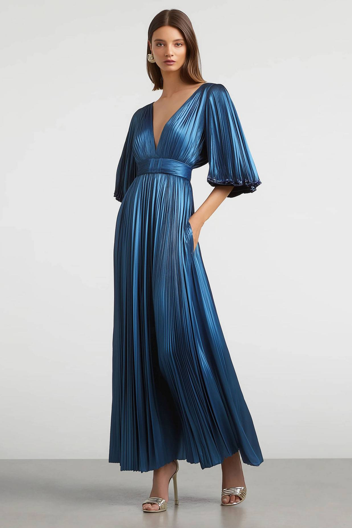 Semi-Formal Party Dress Blue Deep V Metallic Pleated Fabric Pocketed Maxi Dress