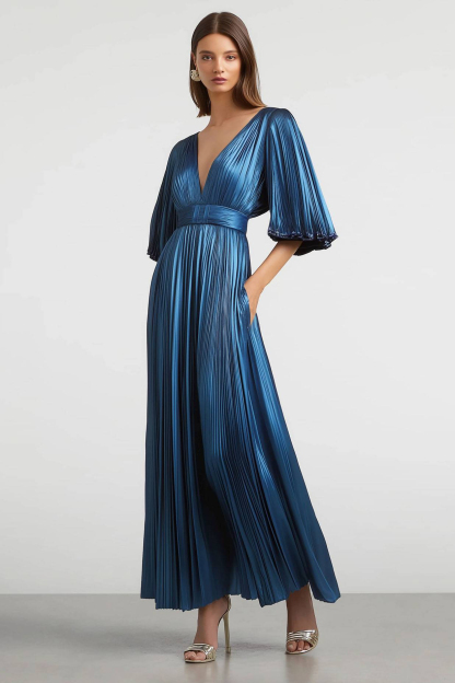 Semi-Formal Party Dress Blue Deep V Metallic Pleated Fabric Pocketed Maxi Dress
