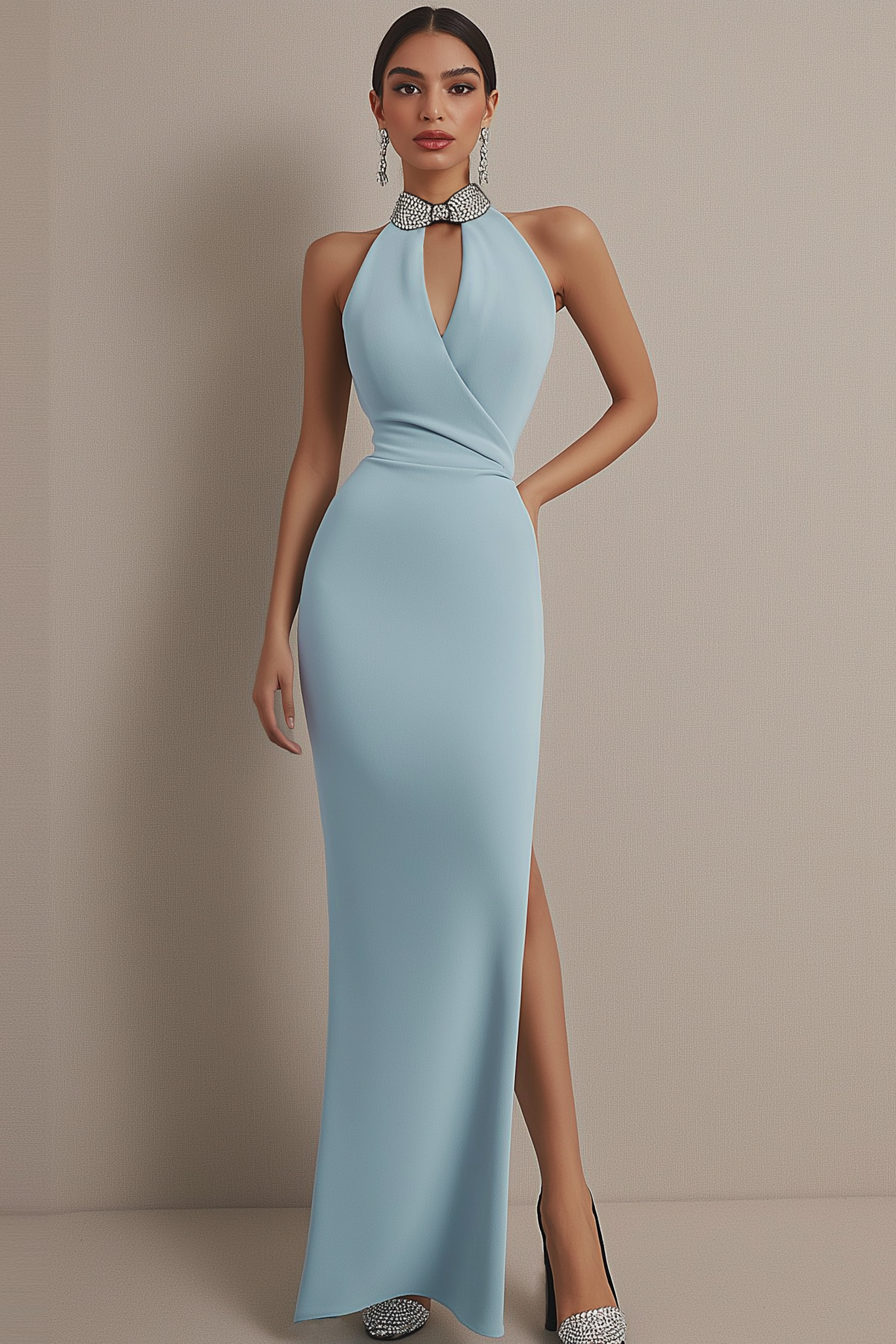 Wedding Guest Dress Light Blue Halter Neck Sleeveless Side Slit Maxi Dress