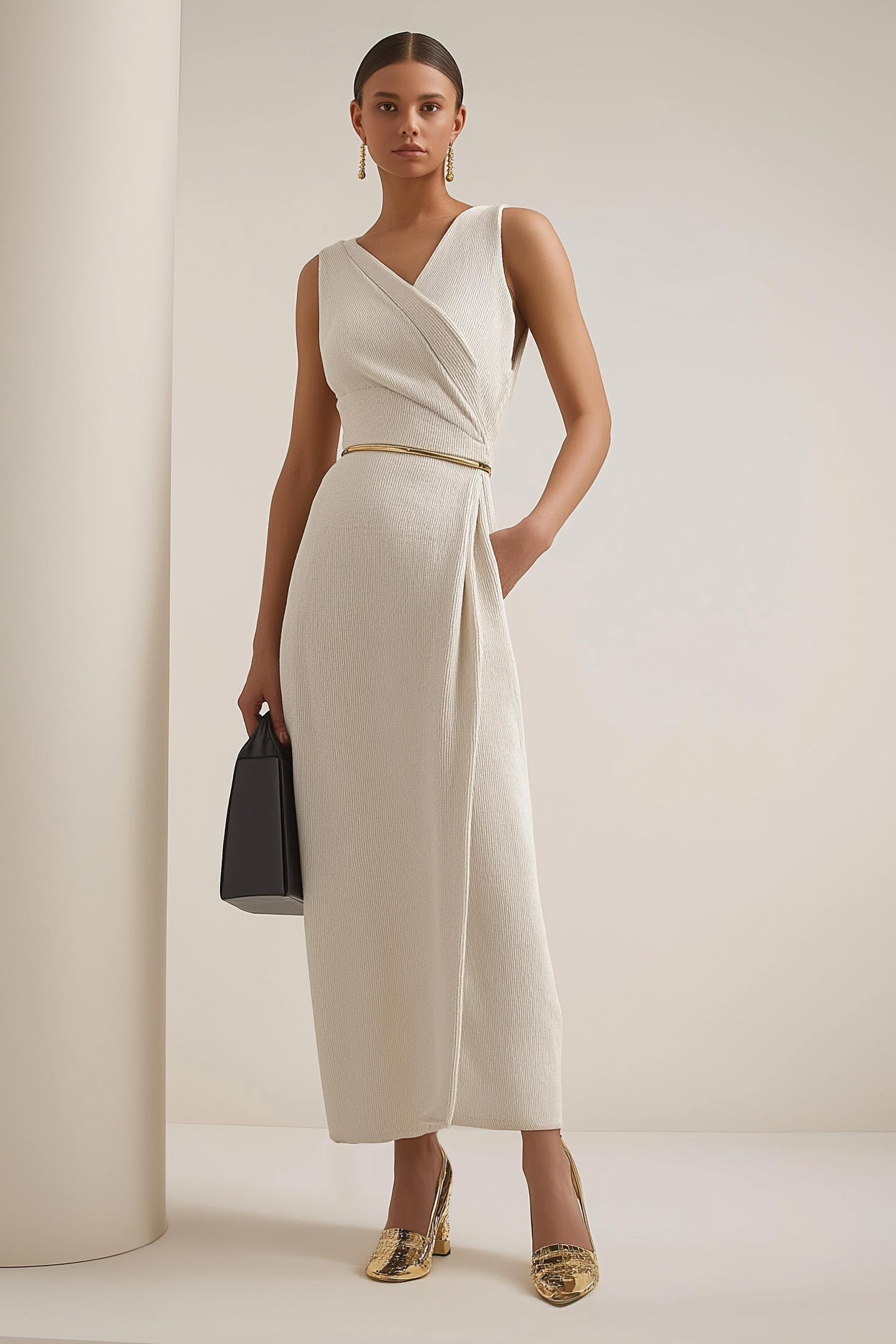 Work Semi-Formal Dress Beige V-Neck Sleeveless Pocketed Maxi Dress