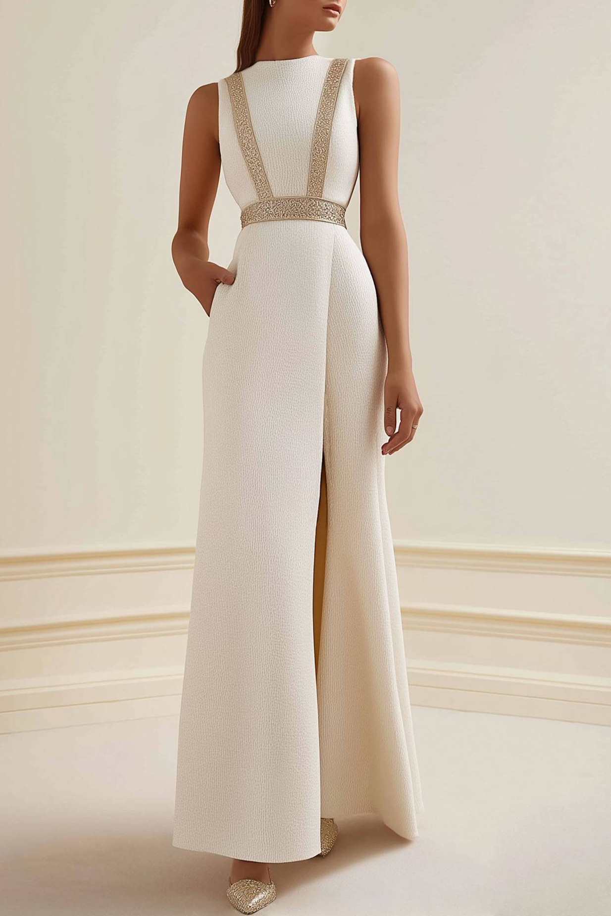 Semi-Formal Party Dress Beige Sleeveless Pocketed Side Slit Maxi Dress