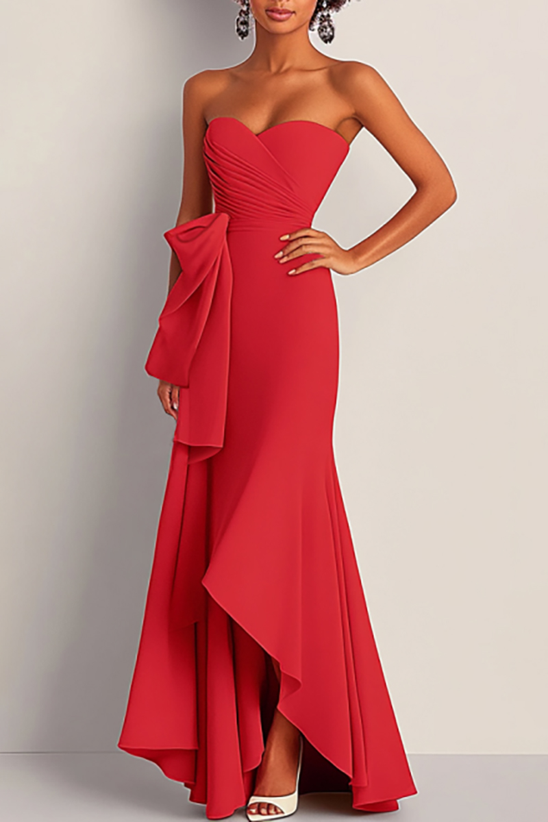 Formal Dress Red Strapless Pleated Waist Draped Floor-Length Gown