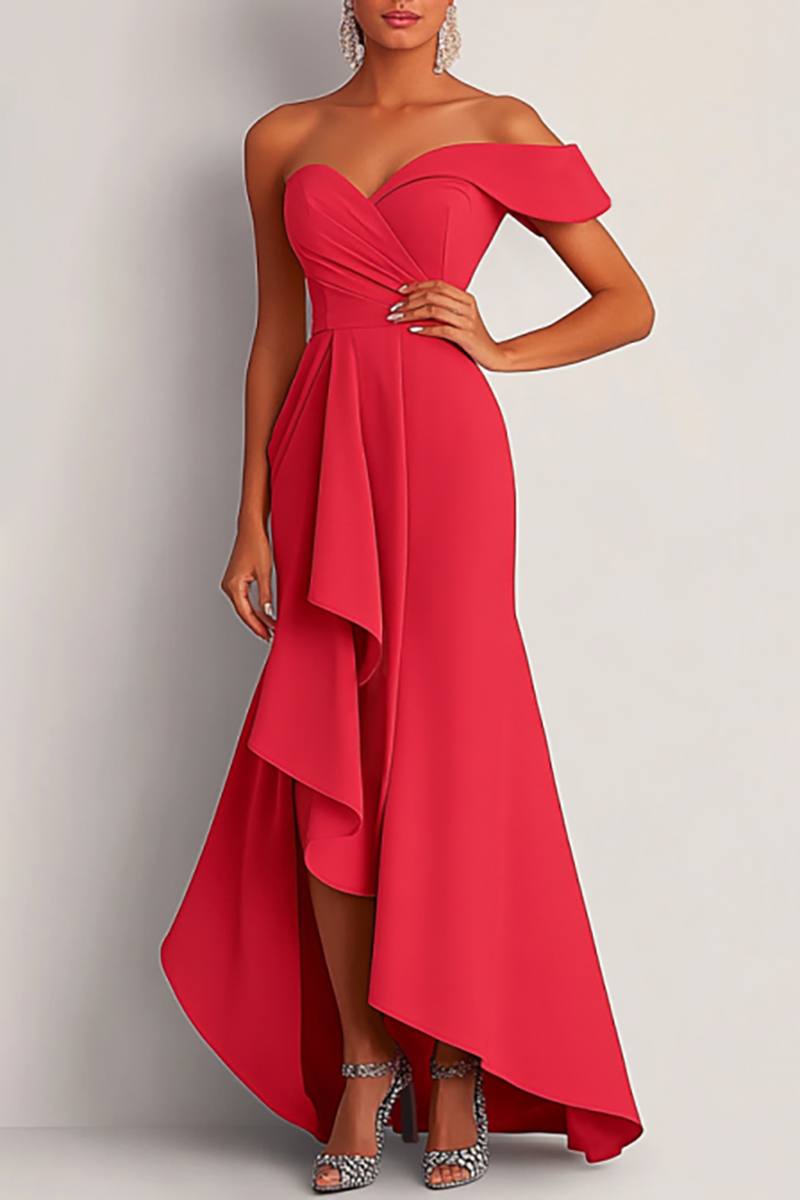 Formal Dress Red One-Shoulder Asymmetrical Floor-Length Gown
