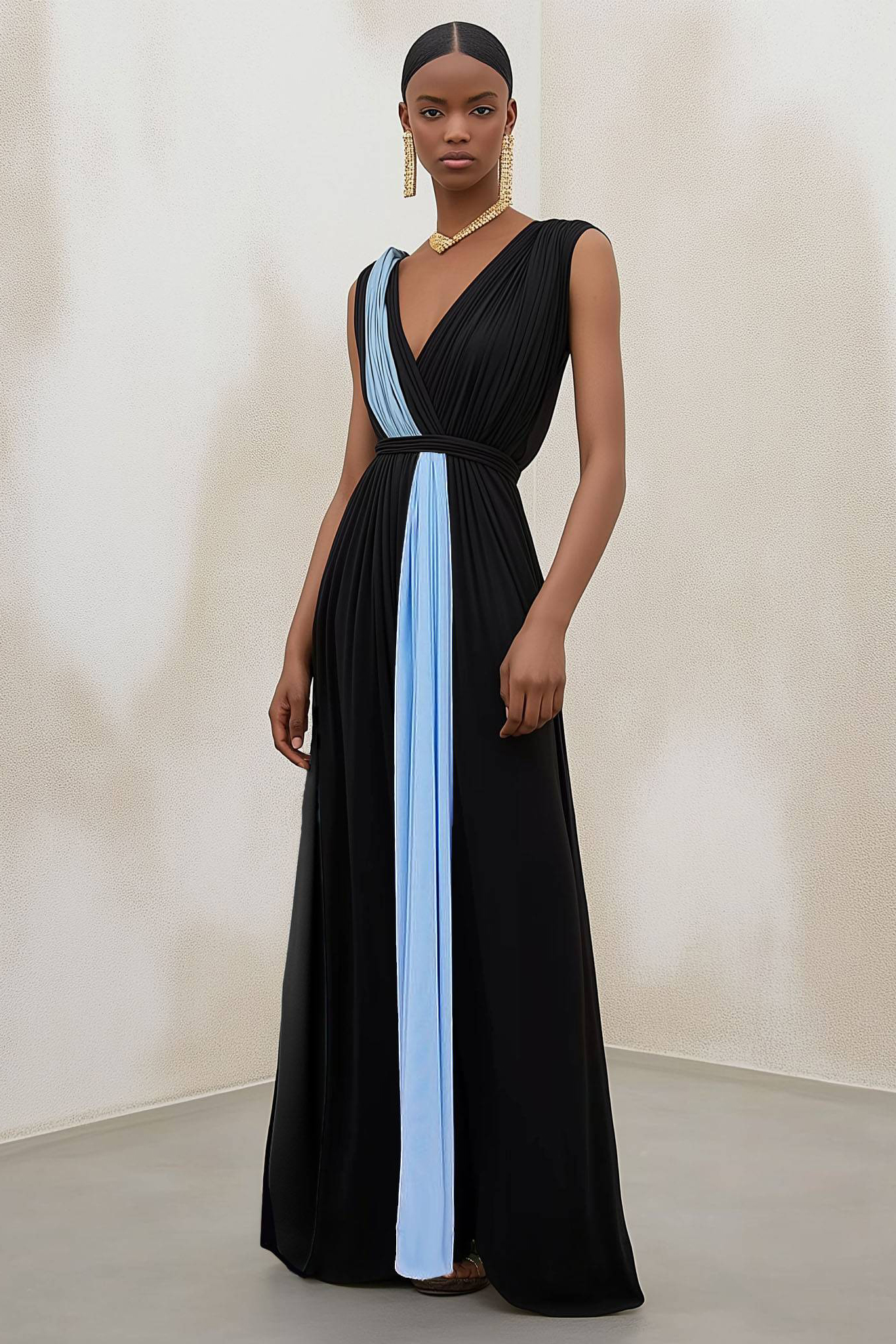 Party Colorblock Dress Black V-Neck Sleeveless Pleated Floor-Length Dress