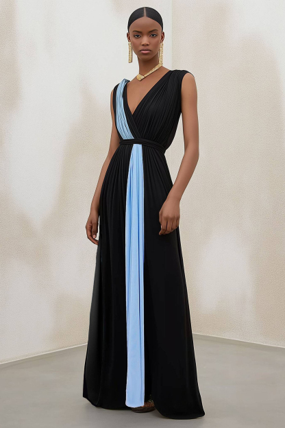 Party Colorblock Dress Black V-Neck Sleeveless Pleated Floor-Length Dress