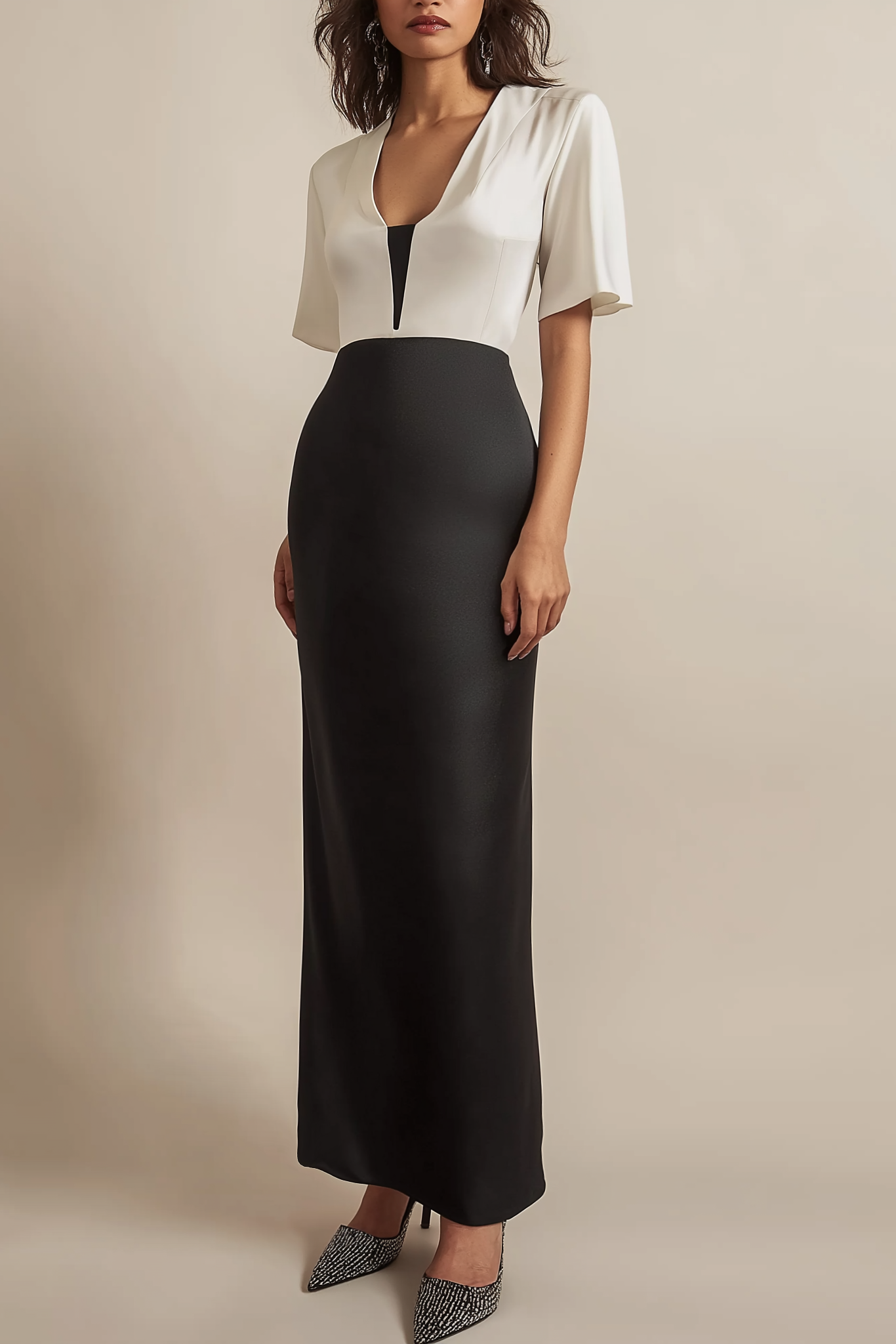 Semi-Formal Party Dress Colorblock Short Sleeve Low Neck Maxi Dress-chiclody