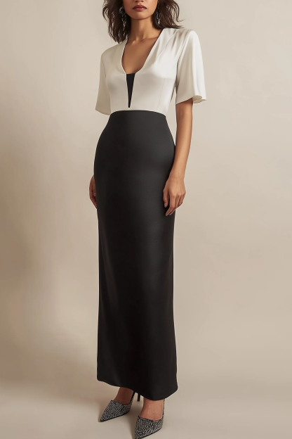 Semi-Formal Party Dress Colorblock Short Sleeve Low Neck Maxi Dress