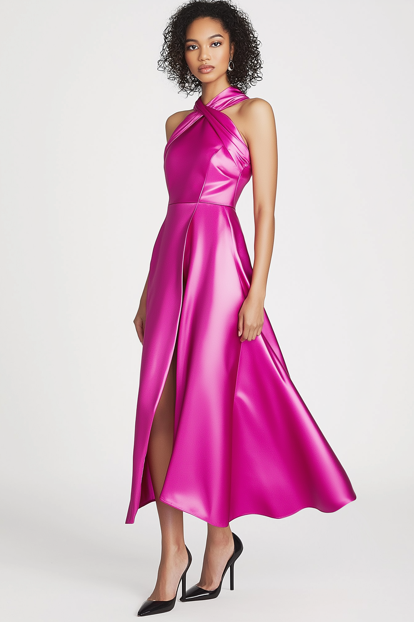 Cocktail Party Dress Fuchsia Halter Neck Side Slit Midi Dress