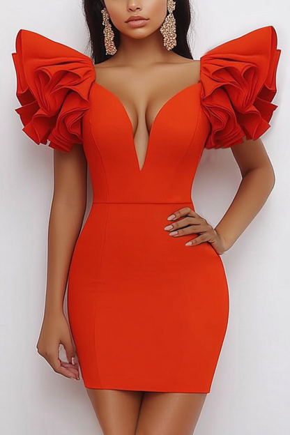 Cocktail Party Dress Red Petal Sleeve Deep V Bodycon Mini Dress
